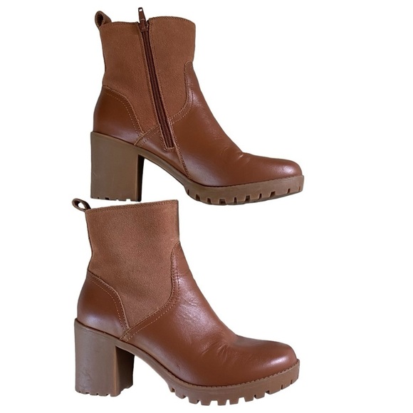 Soludos Dani Saddle Shearling Platform Heeled Ankle Boot leather suede tan 7.5 - Picture 5 of 16